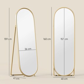 HOMCOM Owalne Lustro Pełnej Długości - Metalowa Złota Rama, 40x160cm - Wolnostojące lub Na Ścianę