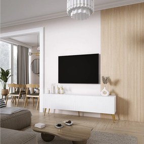 Szafka pod telewizor 170, fronty ryflowane, Biały Mat, nóżki pochyłe złote, 170 × 32 × 52 cm