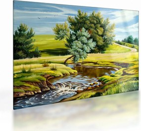 Obraz na szkle - rzeka między łąkami, obraz olejny (70x50 cm)
