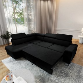 Masseno Narożnik ALVORO z funkcją spania i pojemnikiem na pościel Narozniki L, Rozkładana sofa - Czarny, MATT VELVET 99