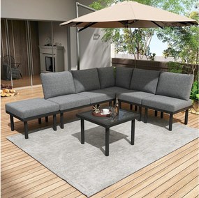 Zestaw mebli ogrodowych modułowych 6-osobowych ze stali ocynkowanej: 1 sofa 2-osobowa + 1 sofa 2-osobowa + 1 stołek + 1 kwadratowy stolik kawowy - Szary
