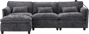 Sofa 3-osobowa z pufem - Narożnik z uchwytem na telefon i kieszeniami bocznymi - szara tkanina szenilowa