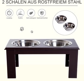 PawHut® Stojak na Miski dla Psa Kota Podwyższony 2 Miski Stal Szlachetna Płyta MDF Kawowy | Aosom.pl
