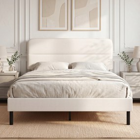 HOMCOM Rama łóżka 140 x 200 cm z regulowanym wezgłowiem, tapicerowane łóżko w wyglądzie lnu z 12 listwami ze sklejki, beżowy | Aosom PL