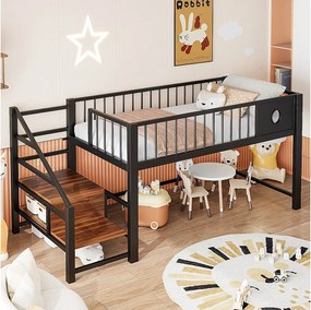 Łóżko piętrowe dla dzieci niskie - 90 x 200 cm - z drabinką do przechowywania - rama metalowa - czarne