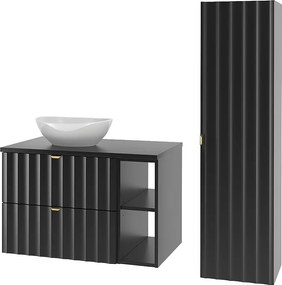Czarny Zestaw Łazienkowy 80cm Szafka z Blatem Regał Umywalka Słupek Ryflowane Fronty Arcos