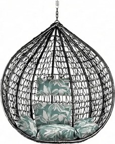 Czarny wiszący fotel KOKON bez stojaka, zielono-biała poduszka