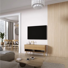 Szafka pod telewizor 100 cm Dąb Craft, nóżki pochyłe złote, 100 × 32 × 52 cm