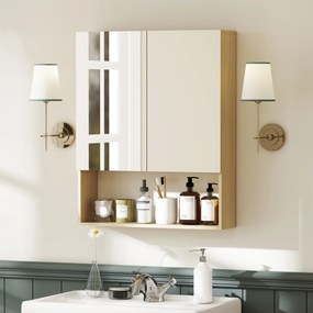 HOMCOM szafka łazienkowa z lustrem, drzwi z lustrem, otwarta półka, montaż na ścianie, MDF, płyta wiórowa, dąb