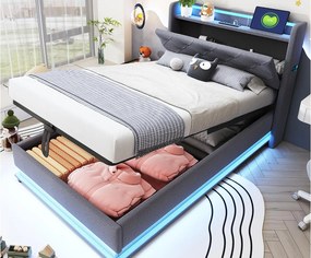 Tapicerowane łóżko dziecięce z pojemnikiem 90x200 cm – z oświetleniem LED – z portem USB – otwierane wezgłowie – len – szare