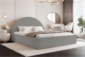 BESILIO Łóżko tapicerowane Boucle 160x200 Velora - stelaż listwowy, wezgłowie, pojemnik, łóżko slim - Jasnoszary
