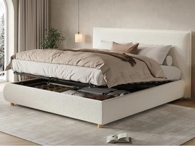 Tapicerowane łóżko z pojemnikiem 180x200 cm - Pikowane wezgłowie - Przechowywanie pod łóżkiem - Nogi z litego drewna - Tkanina bouclé - Biały