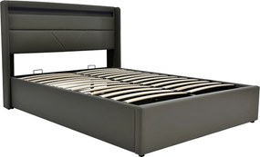Łóżko z pojemnikiem 160x200cm z ekoskóry z LED - z stelażem na listwy - Szare