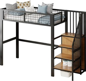 Łóżko mezzanine 90x200 cm z szafą i schodami - metalowa rama - Czarny
