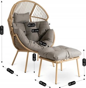 Fotel Ogrodowy z Podnóżkiem PORTLAND Kokon Wypoczynkowy Szary Nowoczesny Boho