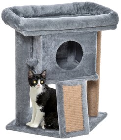 PawHut Drapak dla Kota z Jutową Matą Wisząca Piłka i Otworem Drzwiowym Jasnoszary MDF Plusz 40x40x57cm | Aosom PL