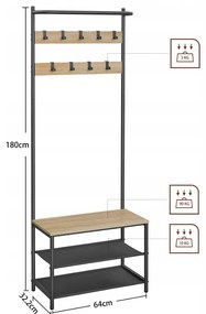 Metalowa ściana przedpokoju LOFT 180 cm, czarna/dąb sonoma