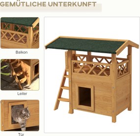 PawHut Domek dla kotów, Chatka dla zwierząt, Dach asfaltowy, 2 Poziomy, 1 Schody, Naturalny + Zielony