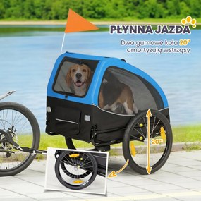 PawHut Przyczepka rowerowa dla psa, składana, z odblaskami, siatkowymi oknami, kołami, drzwiami, flagą bezpieczeństwa, dla psów do 20 kg, 138x70x89 cm, niebieska | Aosom PL