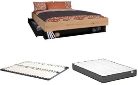 Łóżko z szufladą i wnęką 160 × 200 cm Naturalne i czarne + Stelaż + Materac – MISTA