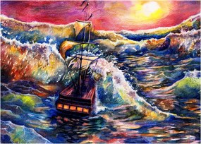 Obraz - Statek na falach oceanu, akwarela (70x50 cm)