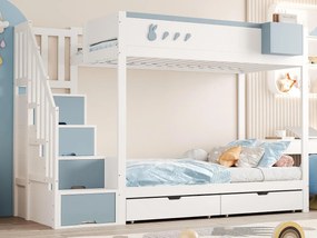 Łóżko piętrowe dziecięce 90x200 cm - zdejmowany pojemnik do przechowywania - drabinka bezpieczeństwa - z 2 szufladami - biały + niebieski