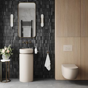 Zestaw łazienkowy z umywalką RONA z półką, miską wc, stelażem i przyciskiem | Różne kolory : Kolor zestawu - Beż mat, Podłączenie syfonu - Do ściany