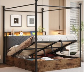 Łóżko podwójne z pojemnikiem 140x190 cm - z metalowym baldachimem - Wyjmowane słupki łóżka - z LED i portem USB/Type-C - Czarny