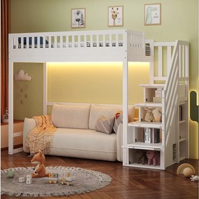 Łóżko piętrowe dla dzieci - 90 x 200 cm - z drabinką + barierką zabezpieczającą + diodami LED - drewno - białe