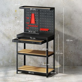 HOMCOM Stół warsztatowy 80 x 40,5 x 155 cm z panelem perforowanym, hakami, szufladą, 2 półkami do warsztatu, czarny