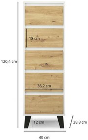 Wąska komoda z 5 szufladami biały + dąb artisan E2-S22