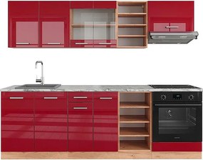 Zabudowa kuchenna czerwony wysoki połysk/złoty dąb 240x60x81.6 r-line