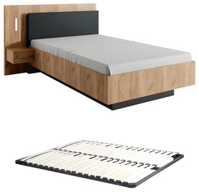 Łóżko z szafkami nocnymi 120 x 200 cm - 2 szuflady - Z oświetleniem LED - Naturalny i antracytowy + Stelaż - FRANCOLI
