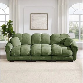 3-osobowa kanapa w Chenille, z tapicerowanym siedziskiem i 2 poduszkami, 260x86x90cm, Zielony