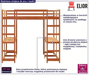 Drewniane łóżko piętrowe z biurkiem na dole brąz 180x200 F6-K01