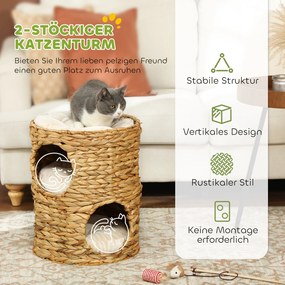 PawHut Drapak 50 cm, 2 jaskinie, poduszka, beczka dla kota z hiacyntu wodnego, Jasnobrązowy