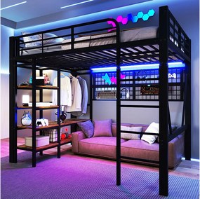 Łóżko piętrowe dla dzieci - 140 x 200 cm - rama żeliwna - z półką do przechowywania + drążek na ubrania + diody LED - metalowe - czarne