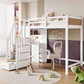 Łóżko piętrowe dla dzieci z barierką bezpieczeństwa - 90 x 200 cm - z biurkiem z 3 szufladami - sosna + MDF - biały + naturalny
