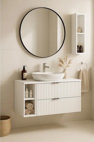 Biała szafka łazienkowa ryflowana FLOW 100 cm z regałem i blatem