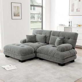 Sofa narożna 2-osobowa z tapicerowanymi podłokietnikami i podnóżkiem - szara tkanina szenilowa