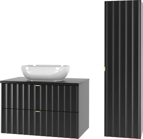 Czarny Zestaw Łazienkowy 80cm Szafka z Blatem Umywalka Słupek Ryflowane Fronty Arcos