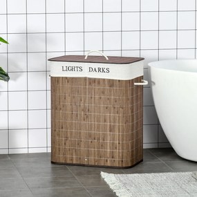 HOMCOM Kosz na Pranie 100L Bambus Poliester Bawełna z 3 Uchwytami Brązowy Biały 52x32x63cm | Aosom PL