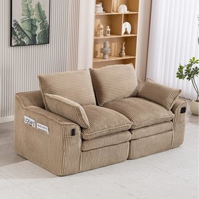 Modułowa sofa 2-osobowa w sztruksie - 191 x 94 x 85 cm - z 1 pufem + poduszki + 2 kieszenie - khaki