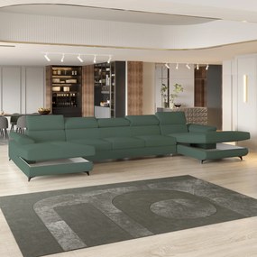 Masseno Narożnik VIVENTE z funkcją spania i pojemnikiem na pościel Narozniki U, Rozkładana sofa - Zielony, QUELLE 37