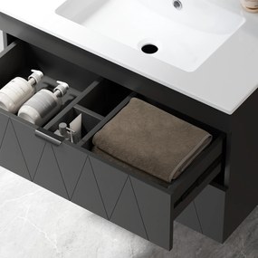 HOMCOM Szafka pod umywalkę Wisząca szafka z ceramiczną umywalką, Szuflady Soft-Close, Czarna