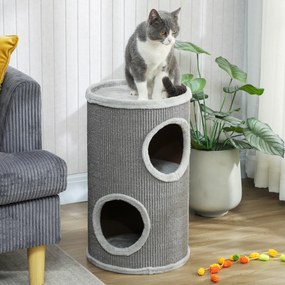 PawHut Tuba do drapania, 60 cm wysokości Ø 35 cm dwupiętrowa kocia tuba z 2 jaskiniami, pluszowy rant, dla 1-2 kotów do 5 kg, Jasnoszary | Aosom PL