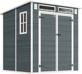 Outsunny Domek narzędziowy 2,89 m², schowek z drewnopodobnym wykończeniem, 3 okna, podwójne drzwi, wentylacja, podłoga, zamek, 182 x 182 x 196 cm | Aosom PL