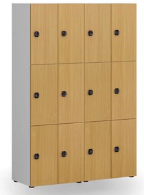 Drewniana szafka skrytkowa S4, 6 schowków, demontaż, zamek kodowy, szary/orzech