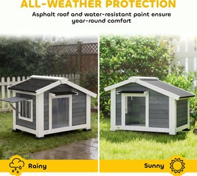 PawHut Buda dla psa drewniana, wodoodporna, z wyjmowaną podłogą, otwieranym oknem i dachem z asfaltu, 98 x 76 x 69,5 cm, szara | Aosom PL