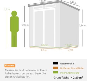 Outsunny Domek narzędziowy 2,89 m², schowek z drewnopodobnym wykończeniem, 3 okna, podwójne drzwi, wentylacja, podłoga, zamek, 182 x 182 x 196 cm | Aosom PL